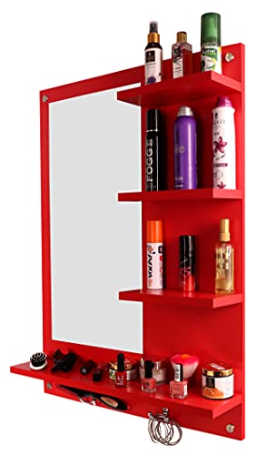 Image of Madhuran Blejaa Engineered Wood Wall Mounted Dressing Mirror with Storage Shelf | Rectangular Bathroom Wash Basin Vanity Mirror for Bedroom, Living Room & Makeup Area | 60 x 80 cm | Red