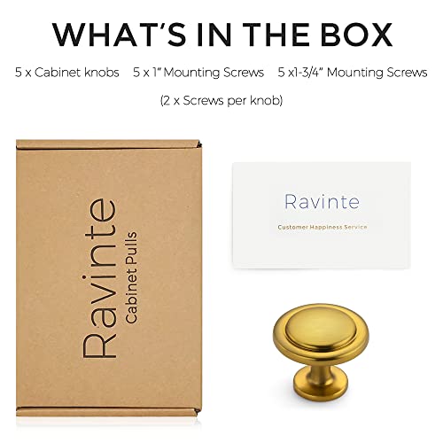 Image of Ravinte 5 Pack 1-1 /4 Inch Kitchen Cabinet Knobs - Brushed Brass Zinc Drawer Pulls and Door Handles for Dresser
