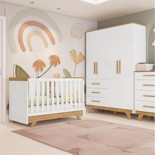 Conjunto Quarto de Bebê com Guarda Roupa e Berço Kakau Retrô Espresso Móveis Branco Brilho/Amêndoa Conjunto Quarto de Bebê com Guarda Roupa e Berço Kakau Retrô Espresso Móveis Branco Brilho/Amêndoa