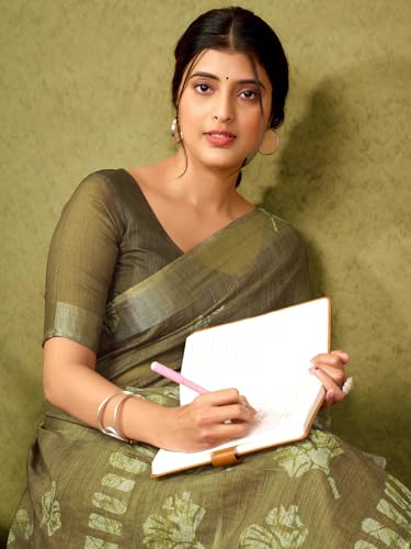 Image of Satrani Women's Linen Printed & Zari Border Ready To Wear One Minute Pre Pleated Readymade Saree with Unstitched Blouse Piece