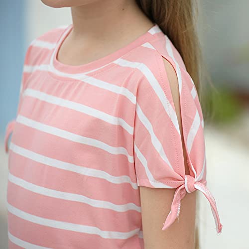 Image of GORLYA Girls Slit Sleeve Tie Knot Cuff Knit Tunic Top 4-14Y | Seamless knit, cold shoulder slit sleeves with tie-knot cuffs, solid & stripe options, ideal for school and casual outings.