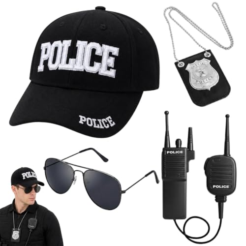 QYANGG 4 Pcs Police Accessories Set, Halloween Police with Police Hat, Walkie Talkie, Leather Style Police Badge for Men Women, Cop Swat Cosplay for Halloween Party by QYANGG - Used condition - US$18.23