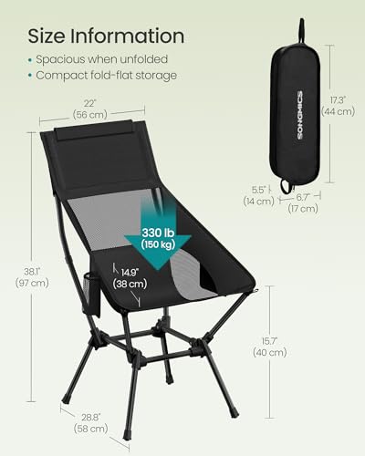 Image of SONGMICS Lightweight Backpacking Chair, Adjustable Height, Steel Frame | 330 Lb Capacity, 2 Storage Pockets, for Outdoor Travel, Black UGCB051BZ01