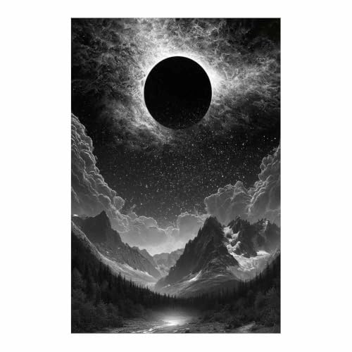 Tableau toile paysage montagneux éclipse noir et blanc XENIOU 60x90cm