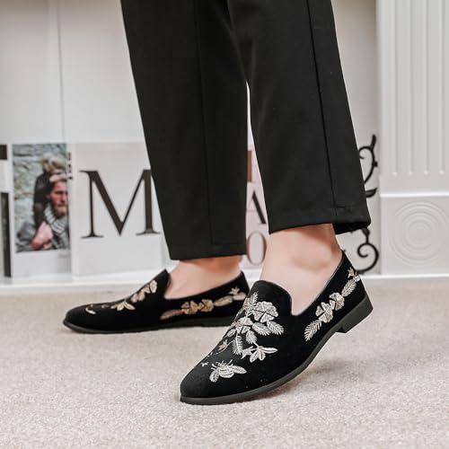 LCQL Men's Luxury Velvet Embroidery Loafers Slip On Flat Boats for Prom Party Wedding Office Outdoor Indoor Shoes Size 7-142
