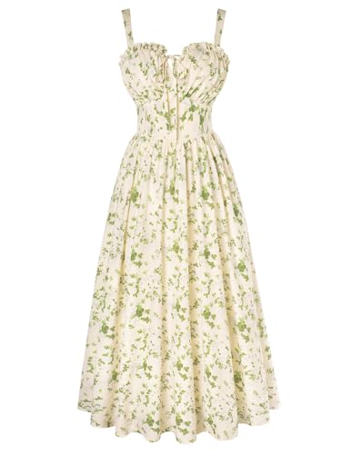 SCARLET DARKNESS Sommerkleid Damen Lang Strandkleid Beige-Grün Blumen Ärmellos Elegant Spaghettiträger Damenkleidung Kleid mit Taschen L