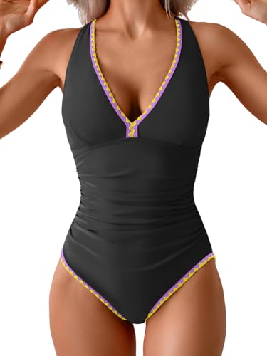 Image of B2prity One Piece Swimsuit for Women Tummy Control Ruched Bathing Suit Push Up Tie Back Swimwear Shell Stitched