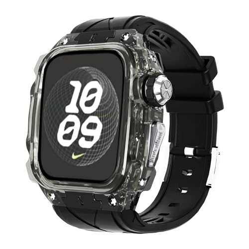 Transparent Designer Rugged Case with Band Compatible with Apple Watch 46mm Bands, Luxury Crystal Clear Military Protective Cover Bumper Tactical for iWatch Series 10 46mm (2024) Men Women Strap (black black)
