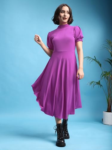 Image of PURVAJA Women's Fit & Flare Knee Length Short Sleeve Turtle Neck Solid Dress