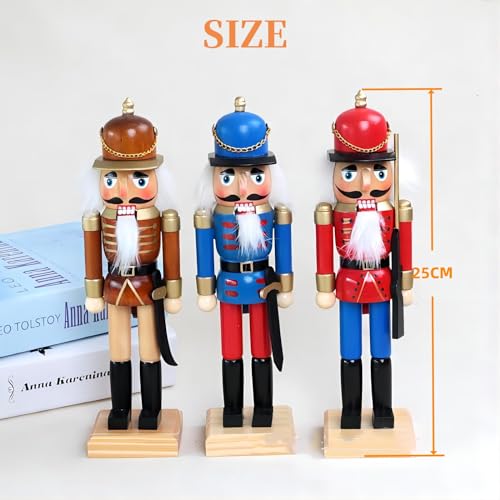ENLAYER 3PCS 25CM Nutcracker Figures Christmas Decorative, Nutcracker Puppet Wooden Pure Hand-Painted Nutcracker, Festive Collectible Nutcracker Gift for Winter Table Desktop Fireplace Decorations
