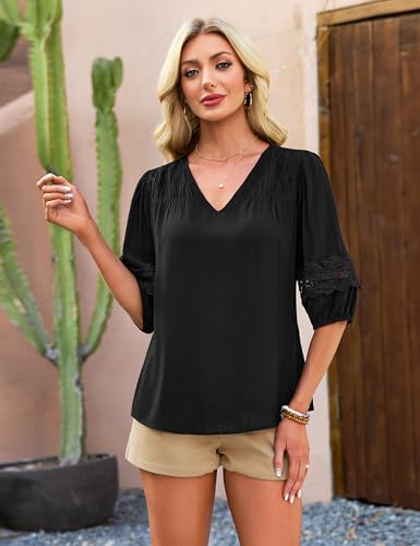  Womens Linen Tops Lace 3/4 Sleeve - image 2