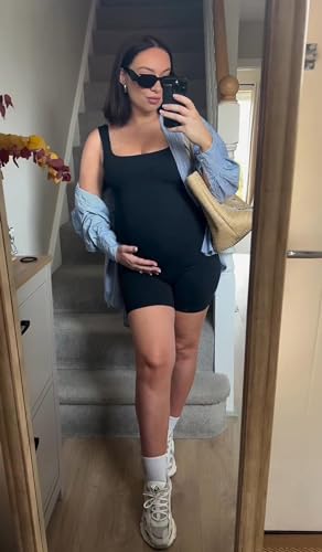MOMANDA Women' s Maternity Bodysuit Sleeveless Shorts Jumpsuit Square Neck Tank Top for Pregnancy2