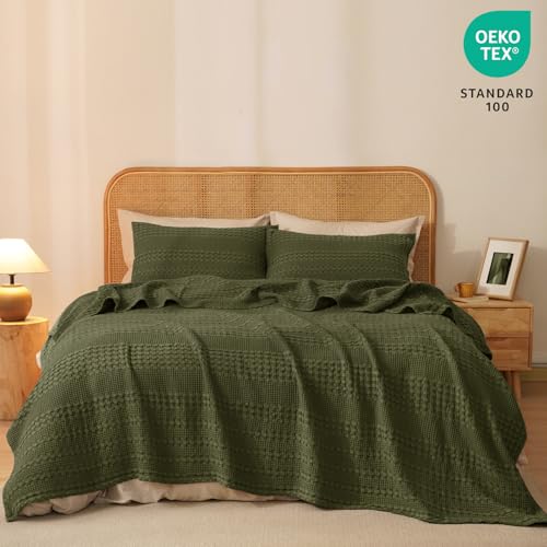 Image of PHF 100% Cotton Waffle Blanket Queen Size for Bed, Lightweight Breathable and Soft for Summer, Luxury Aesthetic Waffle Weave Blanket for Home Decor & Gifts for Women, 90 inchx90 inch, Capulet Olive