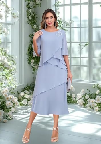 SIPUHK Tiered Chiffon Mother of The Bride Dresses for Wedding Tea Length Applique Half Sleeve Formal Evening Gowns for Women4