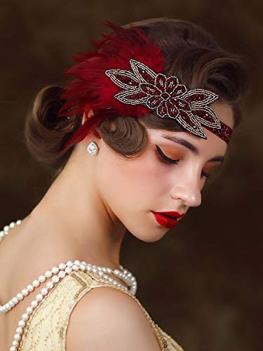 Sweetv 1920S Flapper Feather Headband, 20S Sequined Showgirl Headpiece, Gatsby Hair Accessories For Women (Burgundy) #TOP4