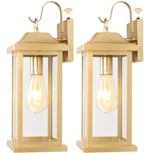 Roravilila - Lot de 2 grandes appliques extérieures dorées de 43,2 cm - Grande lumière de porche extérieure en laiton IP65 étanche avec verre transparent