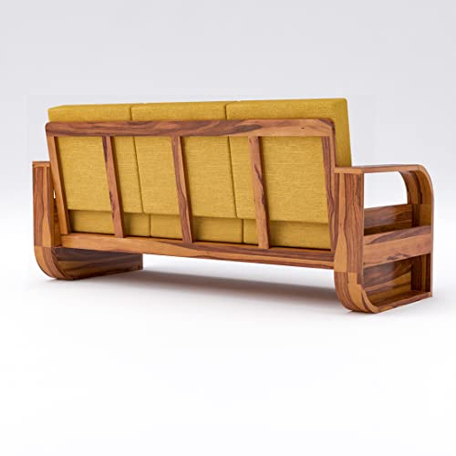 Image of Douceur Furnitures Solid Sheesham Wood 3 Seater Sofas | Three Seater Sofa for Living Room, Cafe, Office | (Honey Teak Cushion Mustard Yellow)