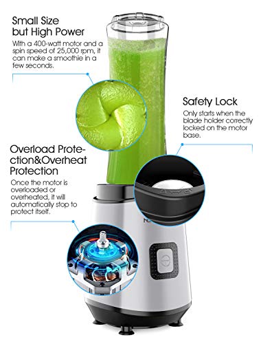 homgeek Personal Mini Blender Smoothie Maker, Portable Juicer Cup, Electric Power Mixer for Fruit and Vegetable,with Travel Lid and 2 Tritan Travel Sport Bottle 600ml/20oz (2 Bottle)