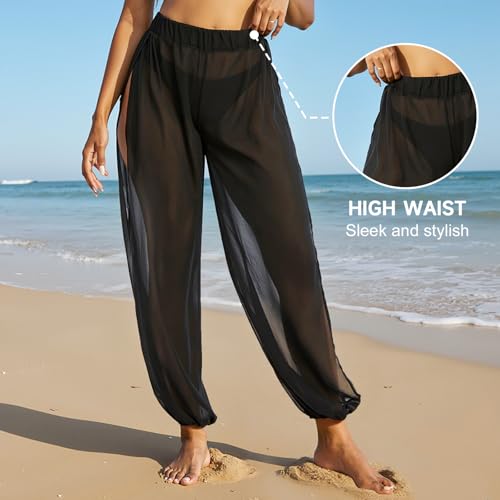 American Trends Sheer Beach Mesh Swimsuit Cover Up Harem Pants for Women High Slit See Through2