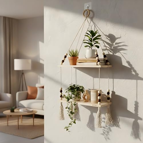 Image of 2-Tier Hanging Shelf with Wall Hook, Use Decor Plants, Books, Decorative Gift Items Nursery Livingroom Wooden Beads & Ring, Tassels Woven Bohemian