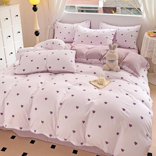 Image of Heart Duvet Cover Full Size Purple Hearts Bedding Set 3 Pieces Reversible Heart-Shaped Comforter Cover Set Soft Breathable Microfiber Quilt Cover with Zipper Closure and 2 Pillowcases
