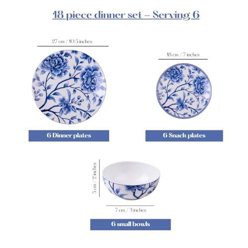 Image of GOLDEN QUEEN'S Bone China 18 Piece Floral Dinner Set - Serving 6 | Perfect for Hosting and Daily Meals | Microwave Safe | Includes 6 Dinner Plates, 6 Small Bowls & 6 Side Plates - Sapphire Bloom