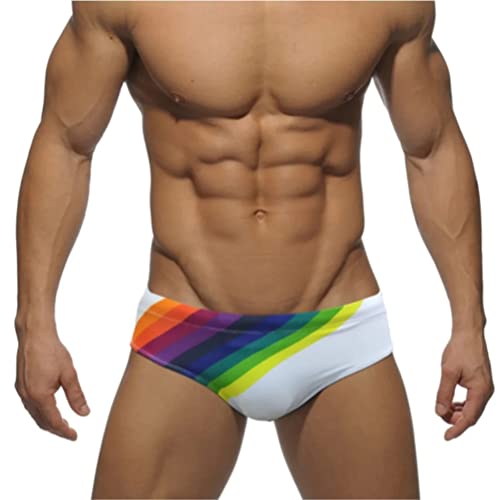 Men's Enhancing Low Rise Rainbow Stripe Swim Briefs, Front Removable Pad and Push-Up Cup