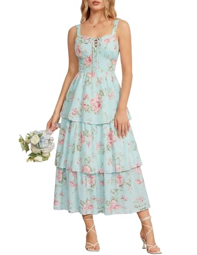 Wedding Guest Dresses for Women 2025 Floral Summer Dress Maxi Tiered Beach Casual Dress Blue Pink Floral Size 8