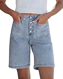 Vetinee Bermuda Jean Shorts for Women Button Fly Summer Casual Cute High Waisted Patch Pocket Jean Shorts Women Jorts Bay Blue Small
