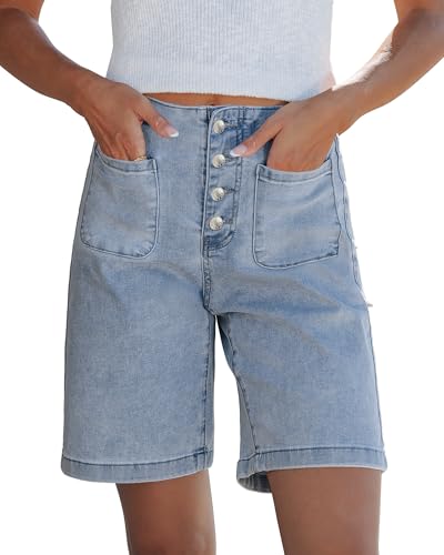Vetinee Bermuda Jeans Shorts for Women Button Fly Summer Casual Cute High Waisted Patch Pocket Women Denim Shorts Jorts Bay Blue Medium