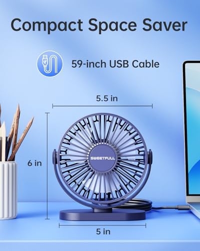 SWEETFULL USB Desk Fan Small Quiet - 3 Speeds Mini Personal Portable Fan 360&deg; Rotation Adjustable, 5.5 Inch Office Table Cooling Gadgets on Desktop (Blue)