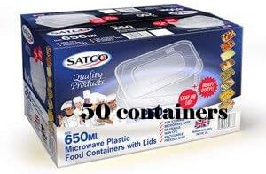 50 x Microwave Plastic Food Takeaway Heavy Duty Satco Containers with Lids 500ml 650ml 750ml 1000ml Classic Disposables  (650ml)