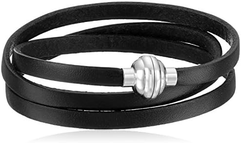 Black Leather Wrap Stainless Steel Magnetic Clasp Bracelet, 22.5"