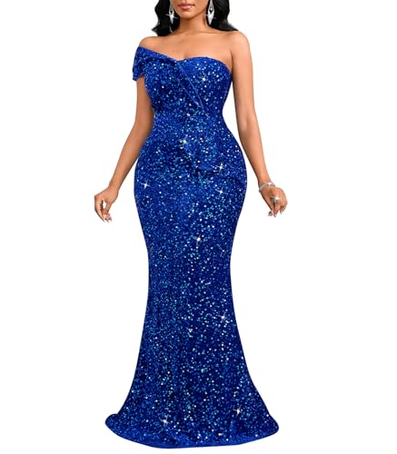 Image of Cololura Women Sexy Sequin One Shoulder Mermaid Formal Party Cocktail Gowns Bodycon Evening Maxi Dress