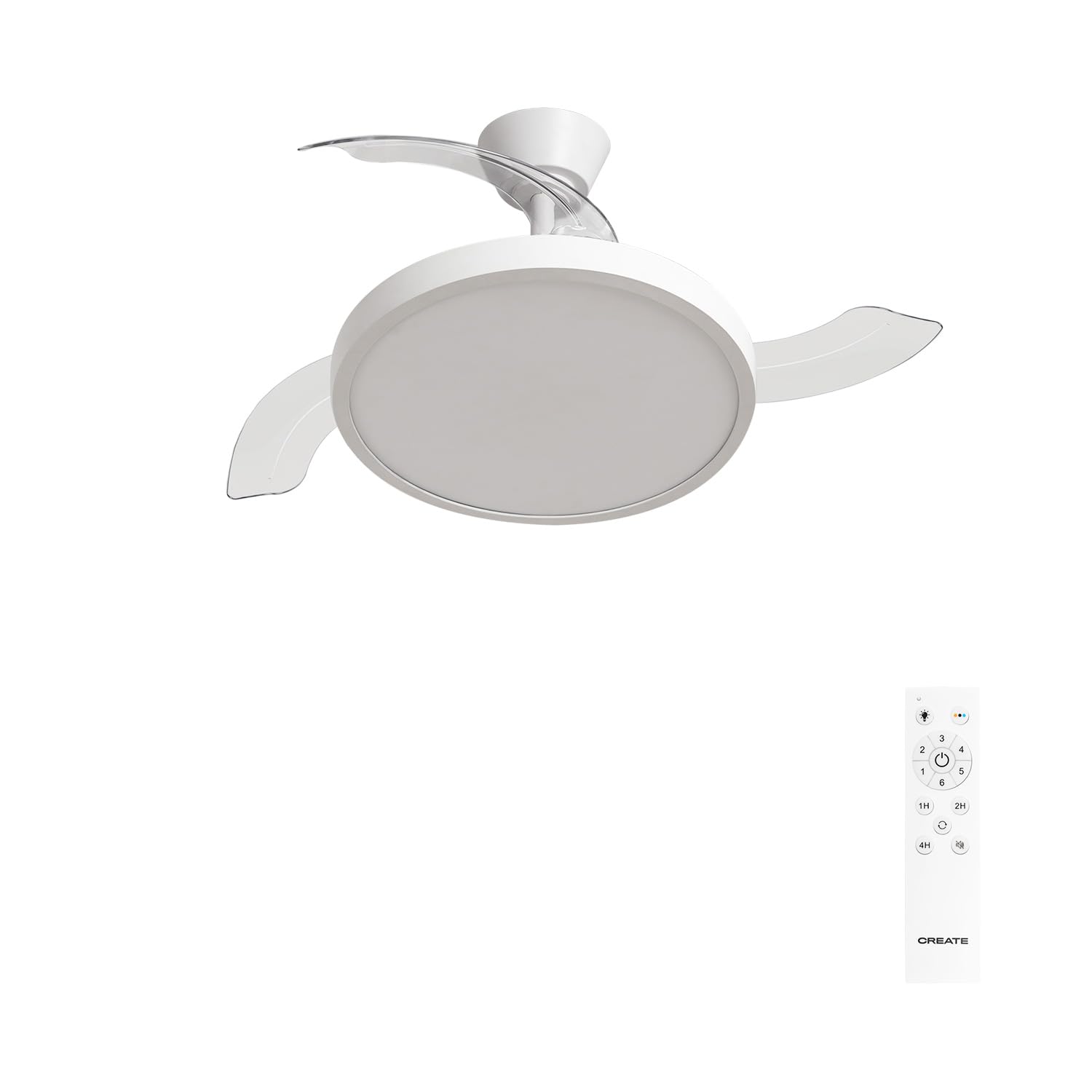 CREATE / WIND CLEAR STUDIO M/Ventilador de techo con luz blanco con mando / 40W, Temporizador, Ø 108 cm, 6 velocidades, aspas retráctiles, 3 temperaturas de luz, función verano-invierno