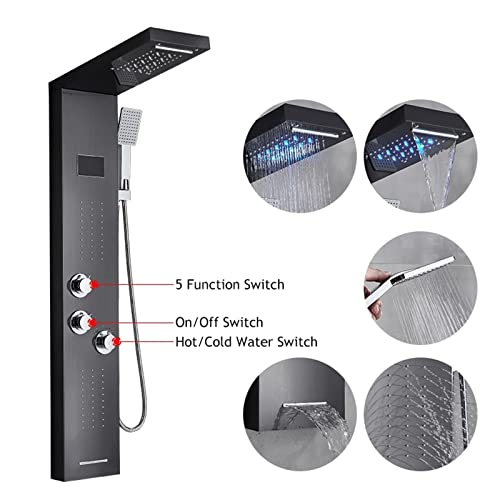 Columna de Ducha Negro con Panel de Ducha de Acero Inoxidable y LED, Sistema de Ducha con 5 Funciones, Hidromasaje y Ducha Cascada miniatura 5
