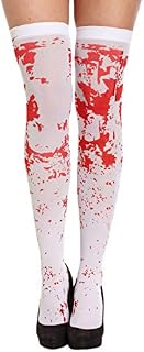 Henbrandt Adult Bloody Stockings Above the Knee Hold Ups White Blood Stained Halloween Womens Fancy Dress Accessories for Dead Zombie Bride School Girl Nurse Zombie Cheerleader Halloween Costumes