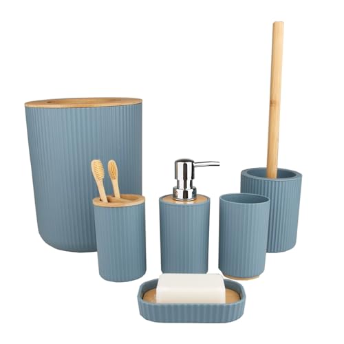 BM Set di Accessori da Bagno in Bambù e Plastica, Set Accessori Bagno Completo 6 Pezzi, Dispenser, Portaspazzolino, Bicchiere, Portasaponetta, Portascopino, Pattumiera (Blu Avio Rigato)