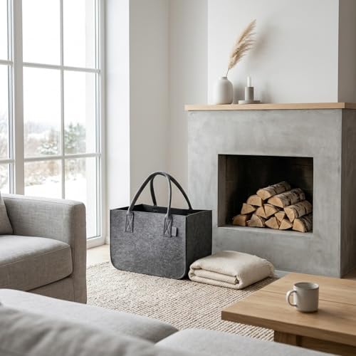IDEA HOME Filztasche Shopper Groß-30 Liter Einkaufstasche XXL Zusammenklappbar Einkaufskorb Kaminholztasche Kleiderkorb Spielzeugtasche Dunkelgrau/Schwarz, XL