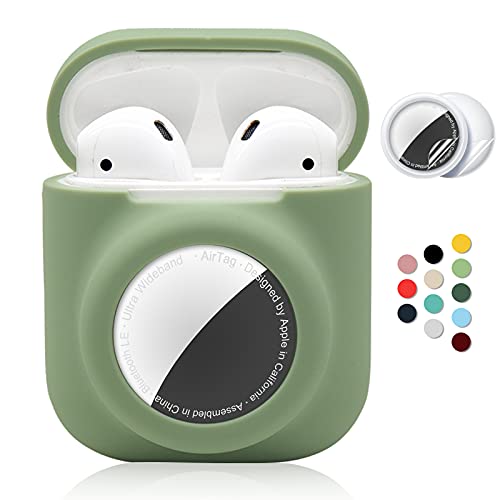 2 in 1 Silicone Protective Skin Cover Compatible with AirPod 1&2 and AirTag Soft Comprehensive Protective Case with 2 PCS TPU Screen Protector Anti-Scratch Anti-Fall Anti-Lost(AvocadoGreen)