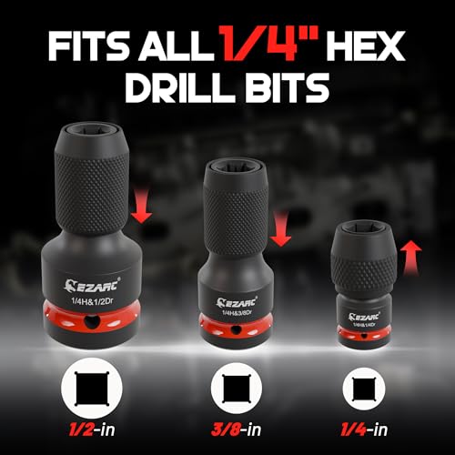 Image of EZARC 4 Pcs Impact to 1 /4 Hex Converter, 1 /2 3 /8 1 /4-Inch Square Drive Sockets to 1 /4-Inch Hex Adapter, Impact Wrench Adapters for Ratchet Wrench Drivers, Impact Bit Holders, Quick-Change Chuck