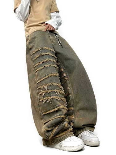 00s glad news flare fringe denim デニム y2k DFGIGT Mens Baggy Jeans Street Rock Style Fringe Frayed Edges