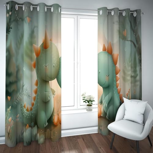 PARREN Cortinas Lindas Dibujos Animados Cortinas Ventana Opacas con patrón Dinosaurio vercon Ojal para el baño del Dormitorio la guardería con Aislamiento térmico W140xL230cm 2 Paneles