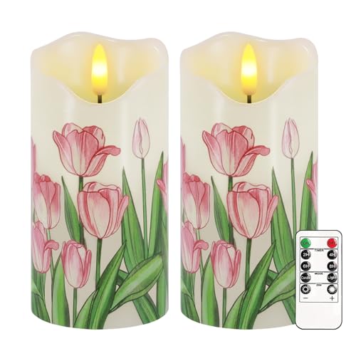 Image of Tulip Flameless Candles Set of 2, 6 inchx3 inch Spring Candles with Remote & Timer | Flickering Real Wax Pillar Candles Battery Operated, Dimmable Electric LED Candles Light for Mother's Day Spring Easter Decor