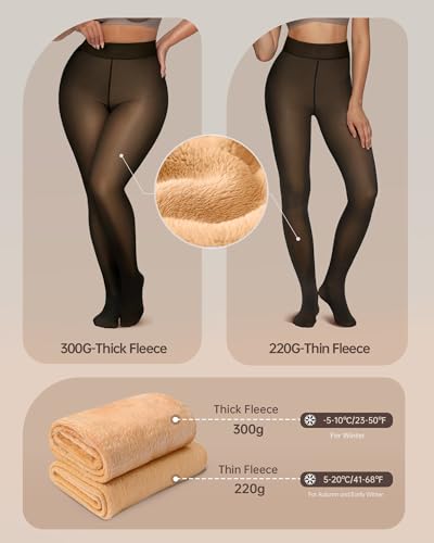 OEAK Womens 2 Pairs Fleece Lined Tights Leggings Sheer Fake Translucent Pantyhose Tights Thermal High Waisted Footed Leggings Black S/M 300g4