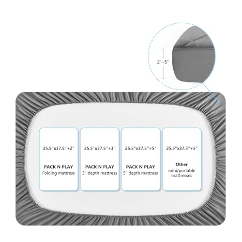 TILLYOU Pack and Play Sheet - Soft Quilted Crib Cover Pad, Toddlers Mattress Protector with 1\'\'-3\'\' Deep Pocket, Thick Play Yard Playpen Sheets, Breathable Fluffy Crib Mattress Pad, 39\"x27\", Grey