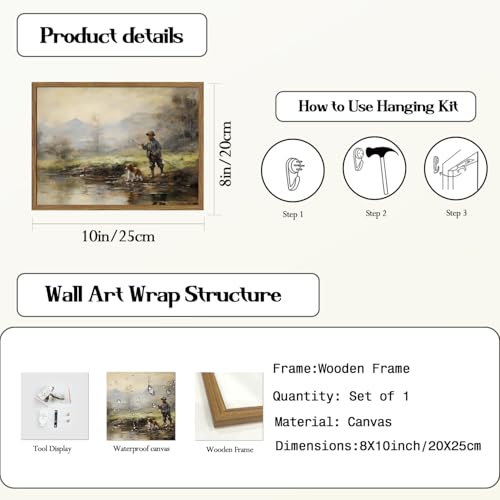Image of Vintage Wall Art, Boy Fishing Wall Decor Paintings, Dog and Boy Landscape Canvas Prints Nature Country Farmhouse Artwork for Bedroom Living Room 10x8 inch Wood Framed