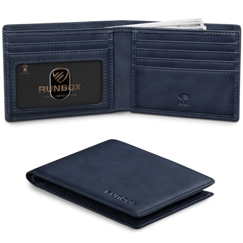 Image of RUNBOX Wallet for Men Slim Leather Bifold RFID Blocking Minimalist Front Pocket Design with Gift Box | Minimalist Front Pocket Design, Holds 8 Cards, RFID Protection, Gifts for Men on Birthdays, Father's Day, and Christmas
