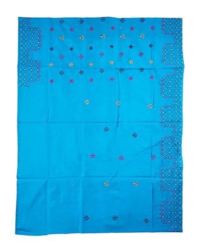 Image of SHRISTI CLOTHINGS Women's Hand Embroidered Cotton Silk Kantha Stitch Saree with Blouse Piece (SB420324 SKYBLUE)