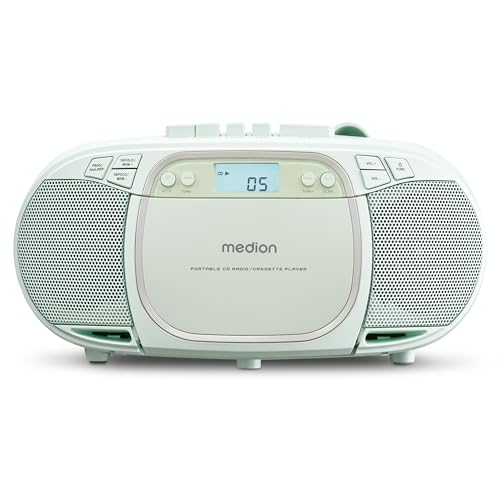 MEDION E66476 Sistema de Sonido estéreo (Boombox, Reproductor de CD, MP3, Casete, Reproductor de Casete portátil para niños, Radio FM, AUX, Auriculares, Toma de Corriente y batería) Verde